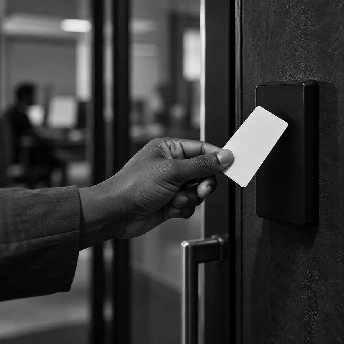 A staff member holding an access card to a door reader.