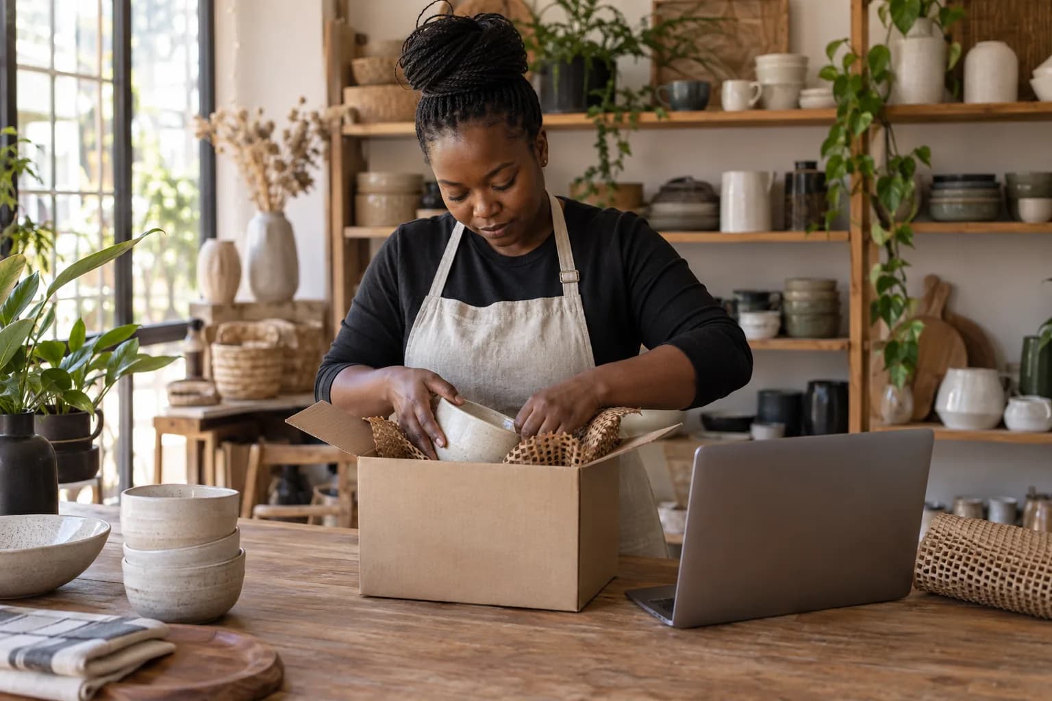 A business owner packing orders in a small shop.