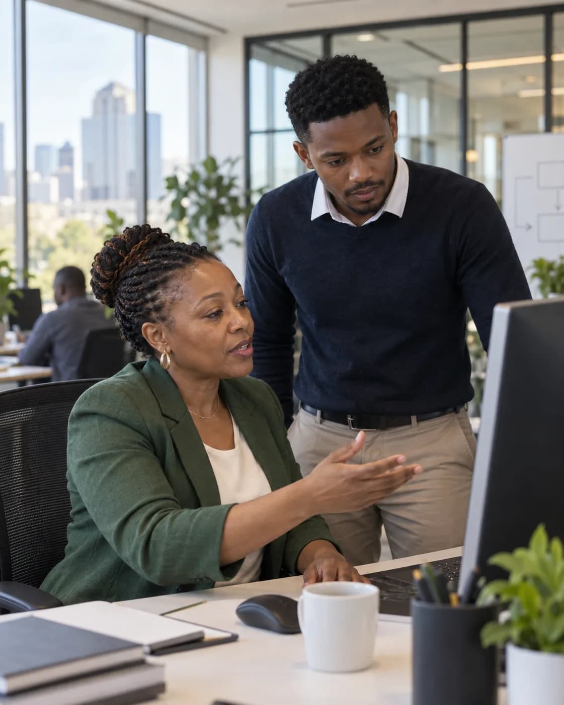Two colleagues reviewing work on a monitor in an office.