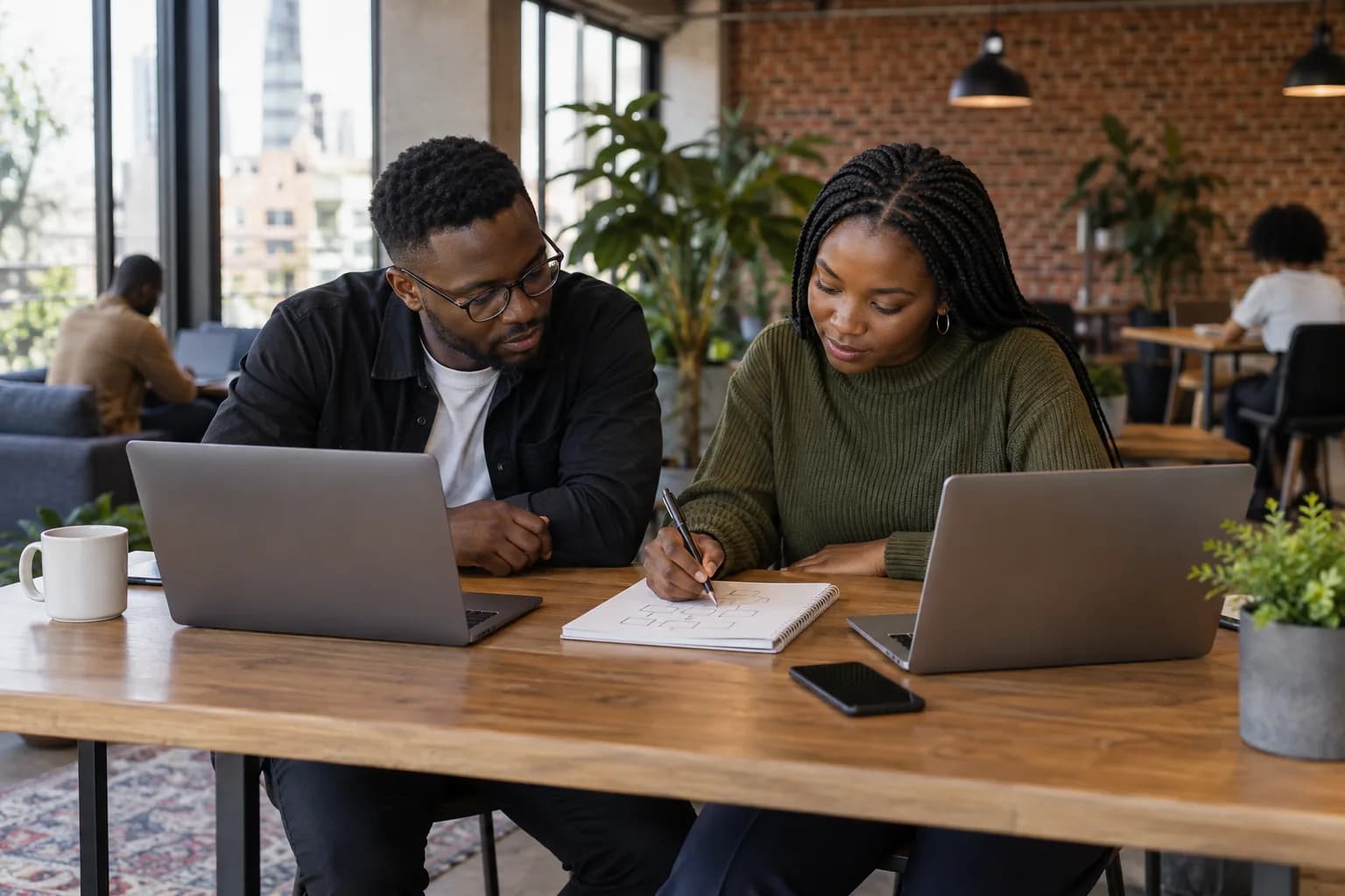 Two developers discussing a design in a co-working space.